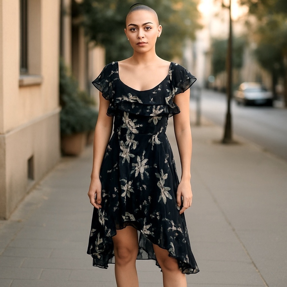 Paige Elegant Navy 100% silk Floral Dress Sz S, 016